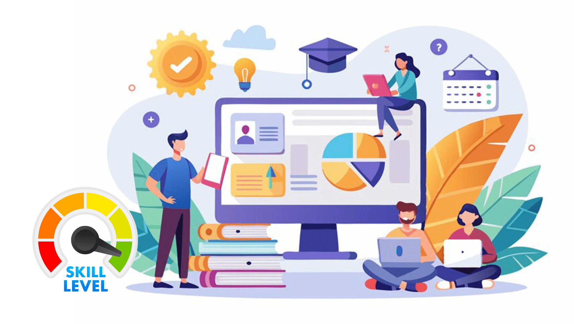 An illustration depicting various aspects of professional development in education, featuring a computer display showing data and individuals engaging with technology.
