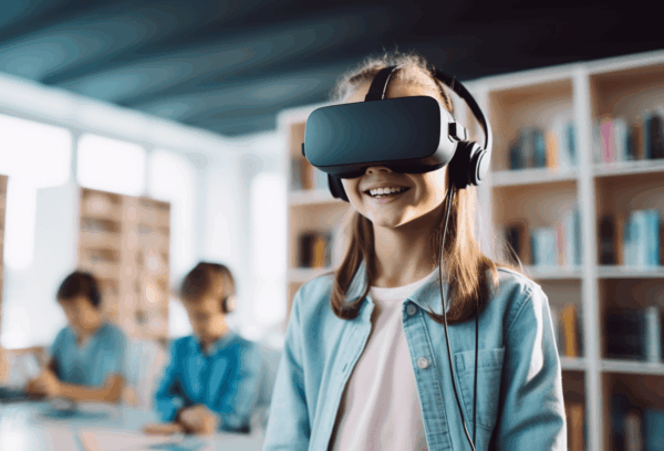 A young girl wearing a virtual reality headset, smiling while experiencing immersive learning.