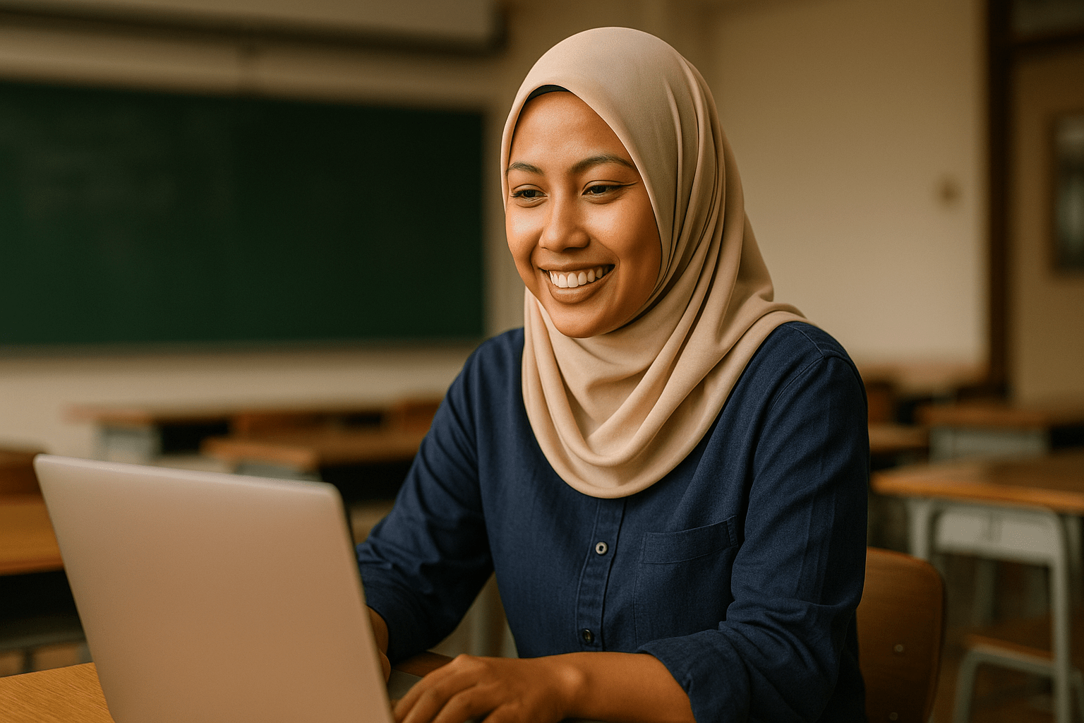 A woman wearing a hijab smiles while using a laptop in a classroom setting