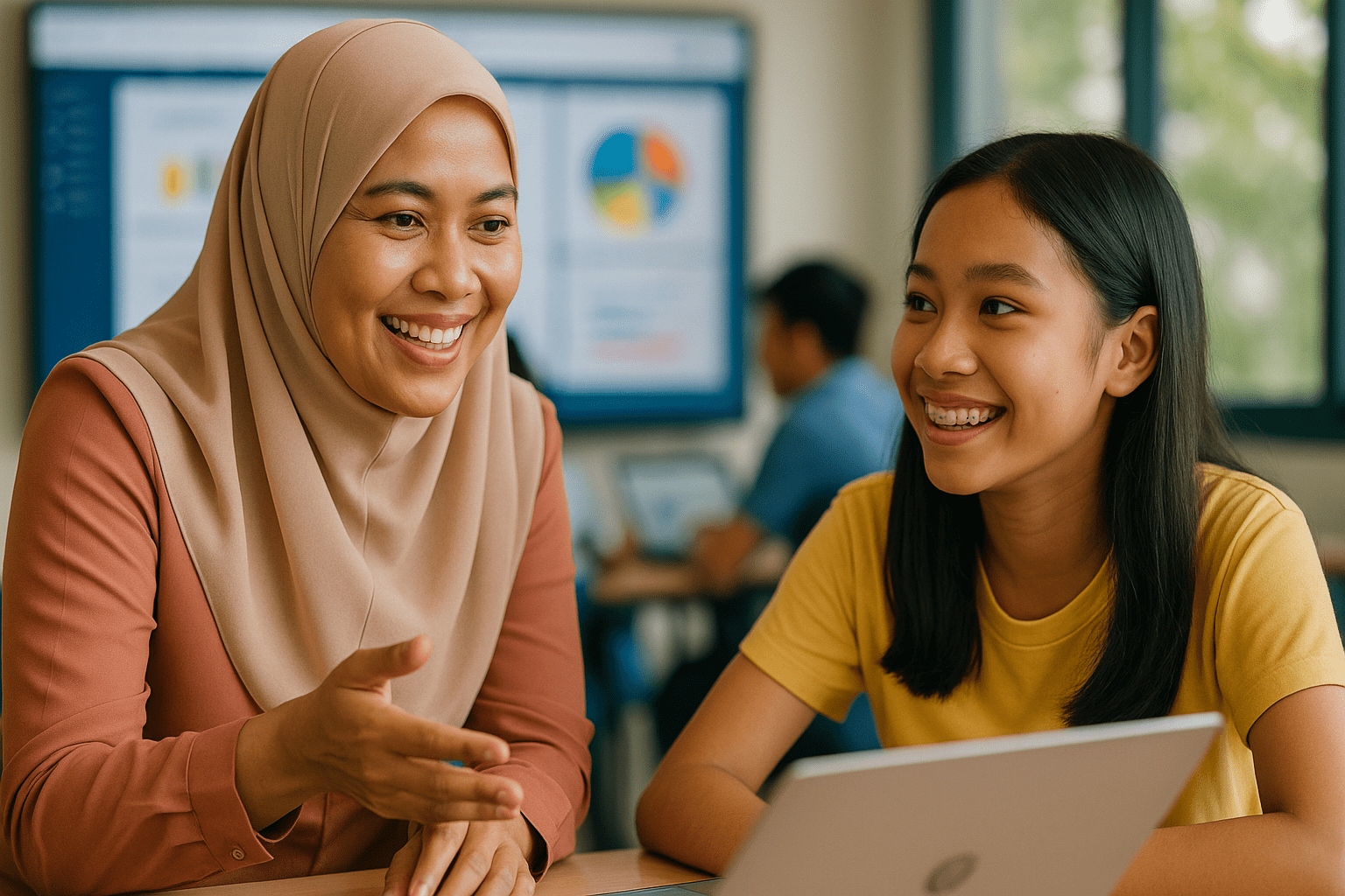 A teacher engaging with a student in a learning environment using a laptop.