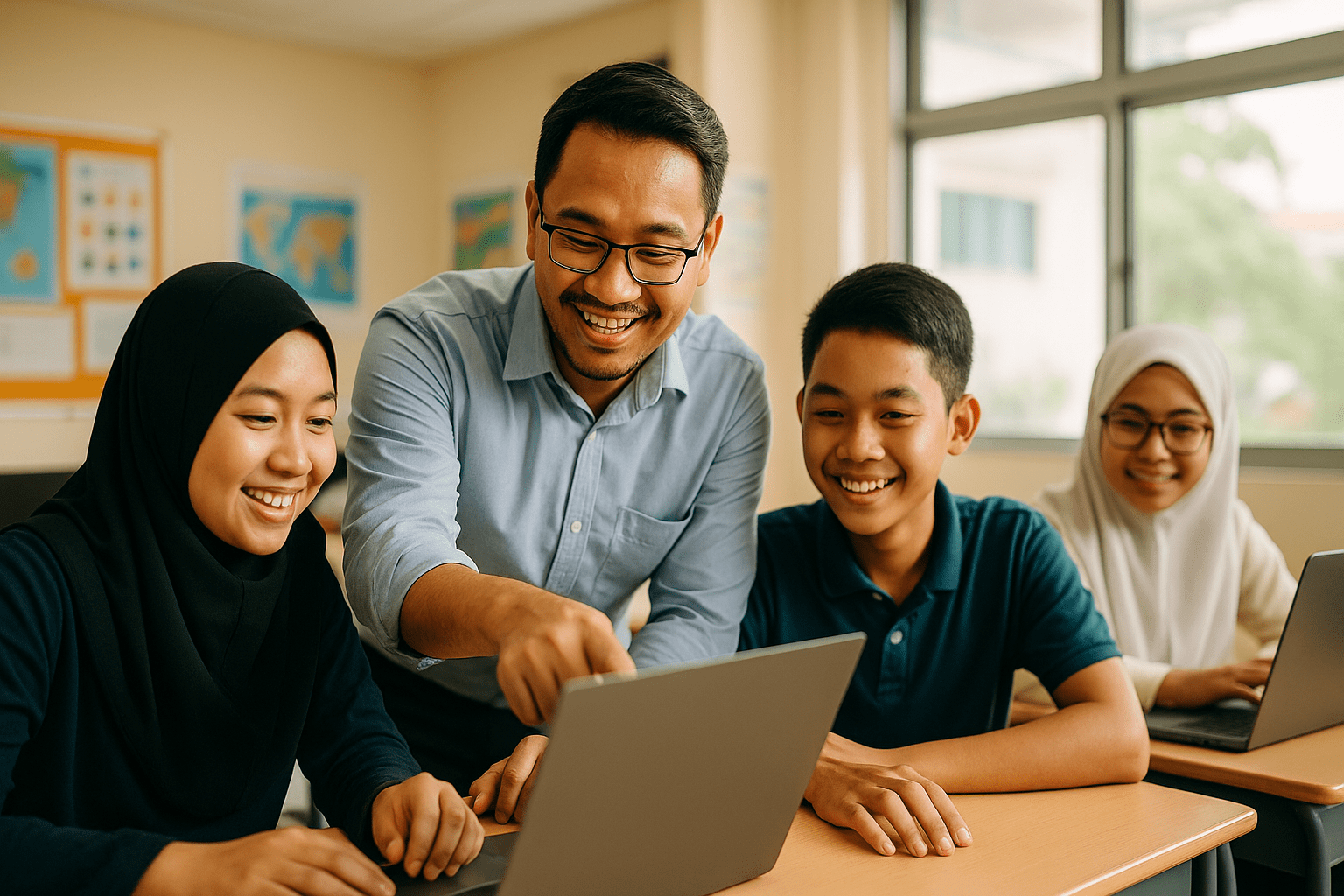 A teacher assisting students with laptops in a classroom setting