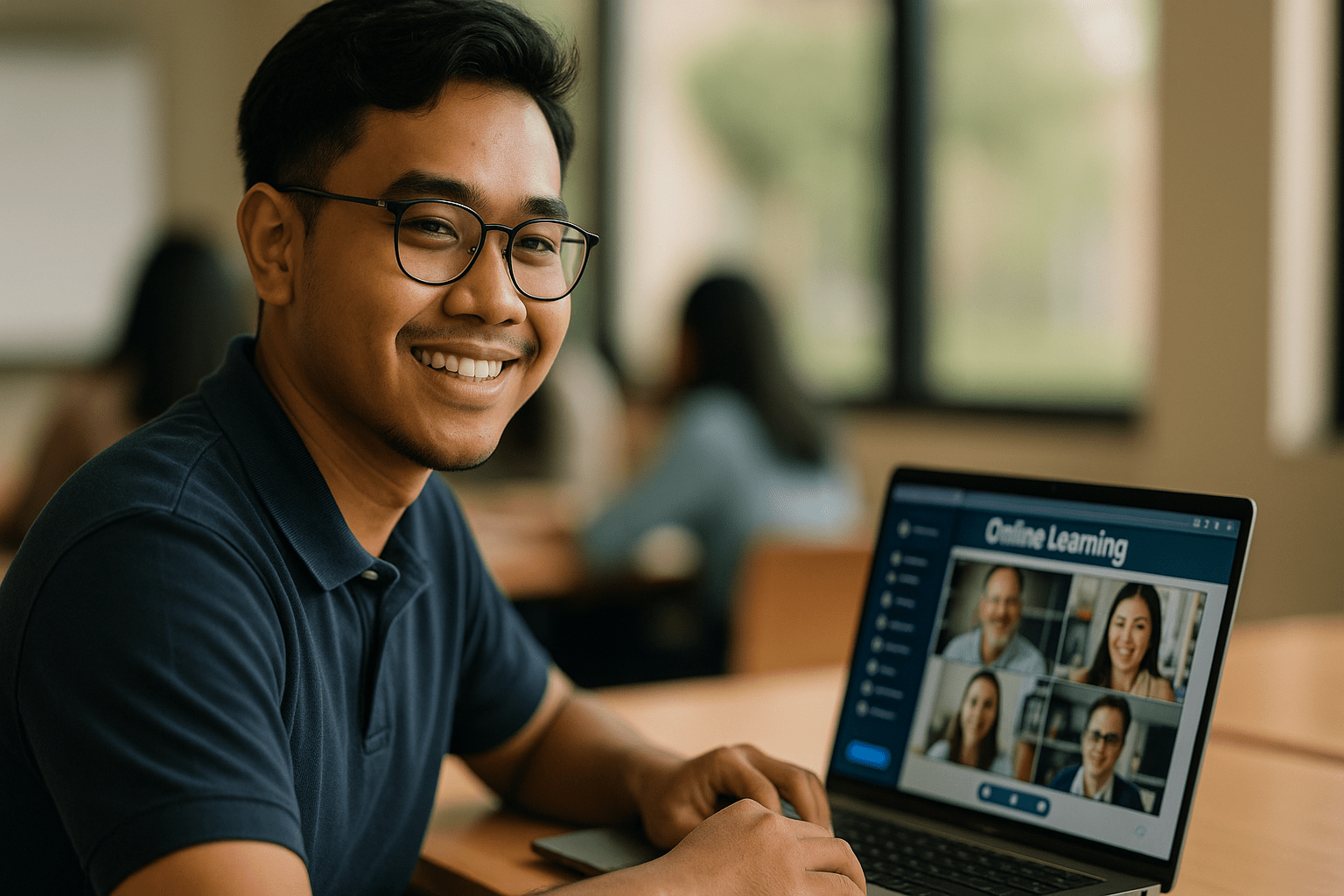 A student engaged in online learning from a laptop, smiling and interacting with multiple video feeds on screen.