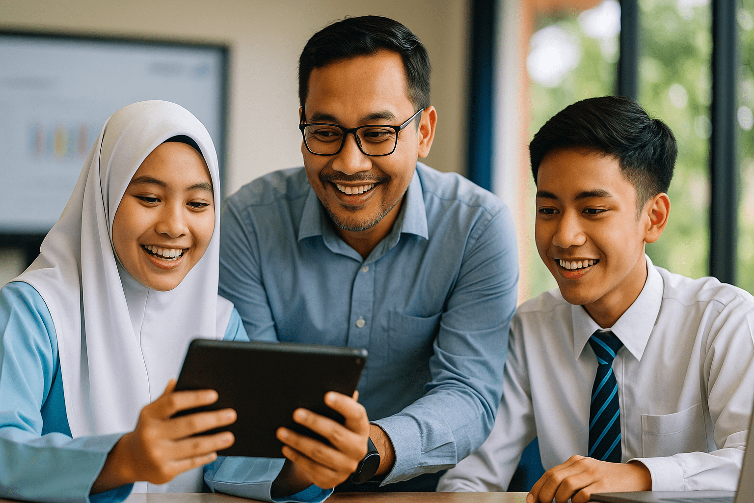 A group of students and a teacher interacting with a tablet in a classroom setting.
