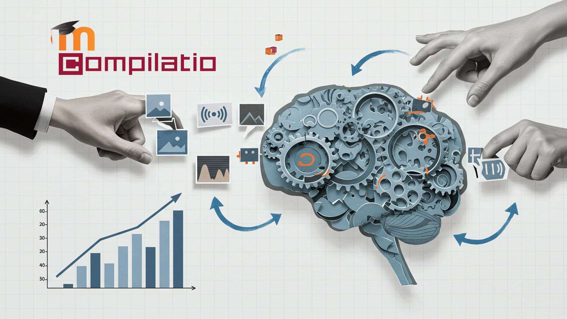 An illustration showcasing a creative representation of a brain with gears and data symbols, signifying plagiarism detection technology