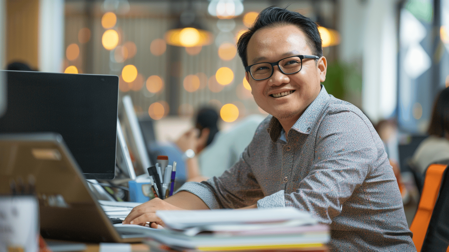 Smiling Malaysian adult at a desk with a laptop, surrounded by office materials