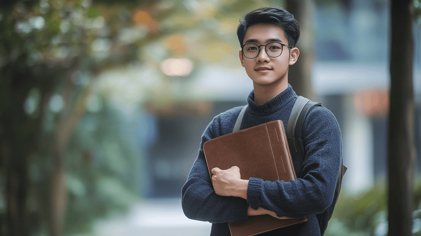 A Malaysian male student holding a folder, dressed in a sweater, standing outdoors