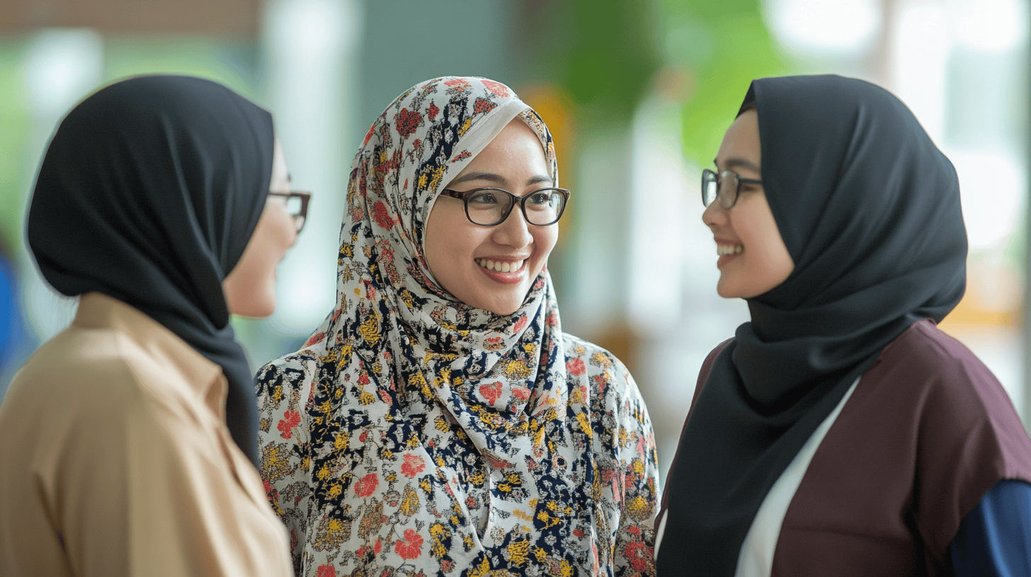Three educators engaged in a friendly conversation