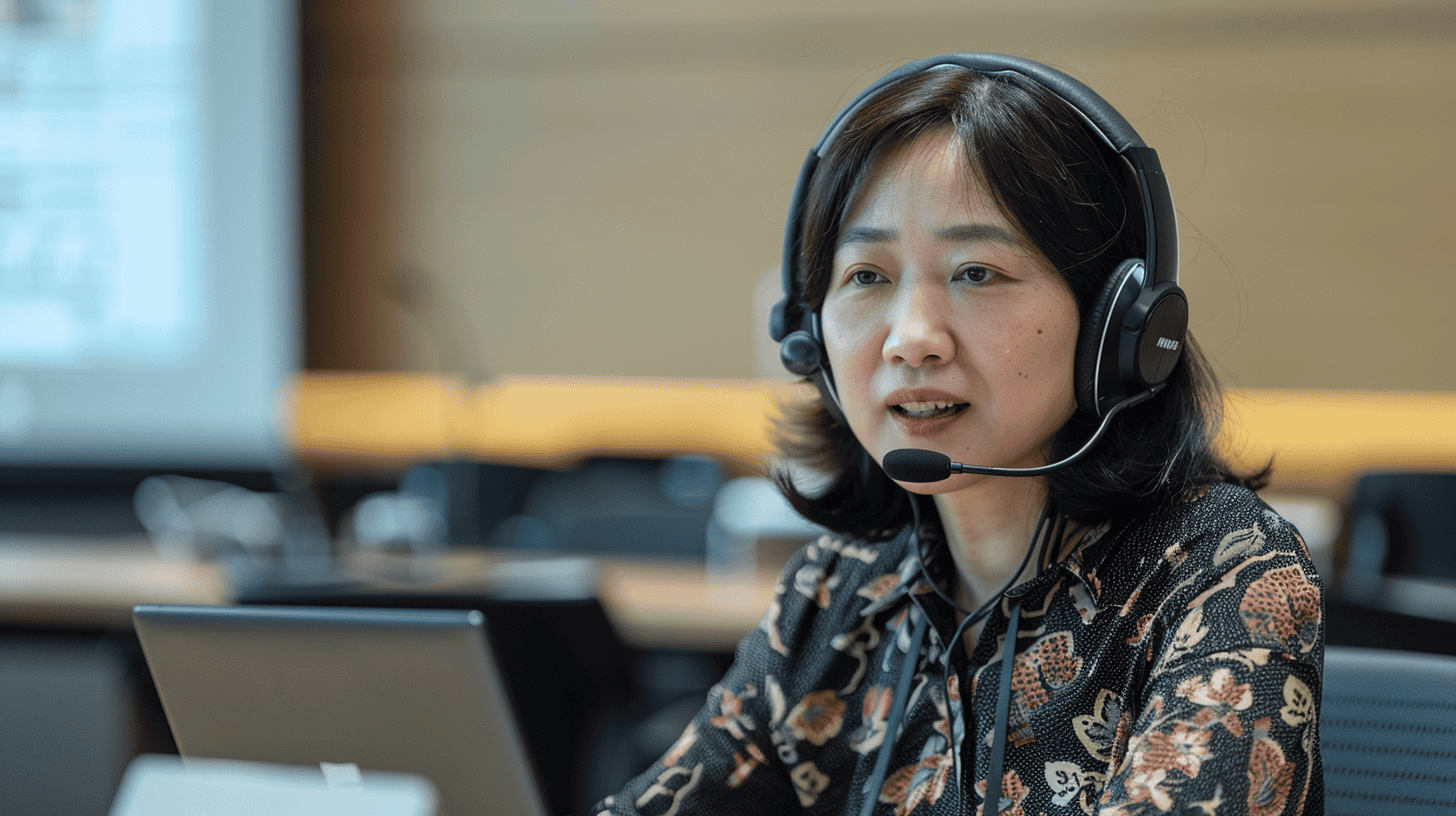 A Malaysian lecturer with a headset engaged in an online education session