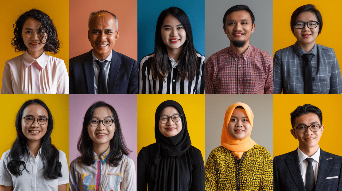 Collage of professional headshots featuring a diverse group of Malaysian tutors against colorful backgrounds.
