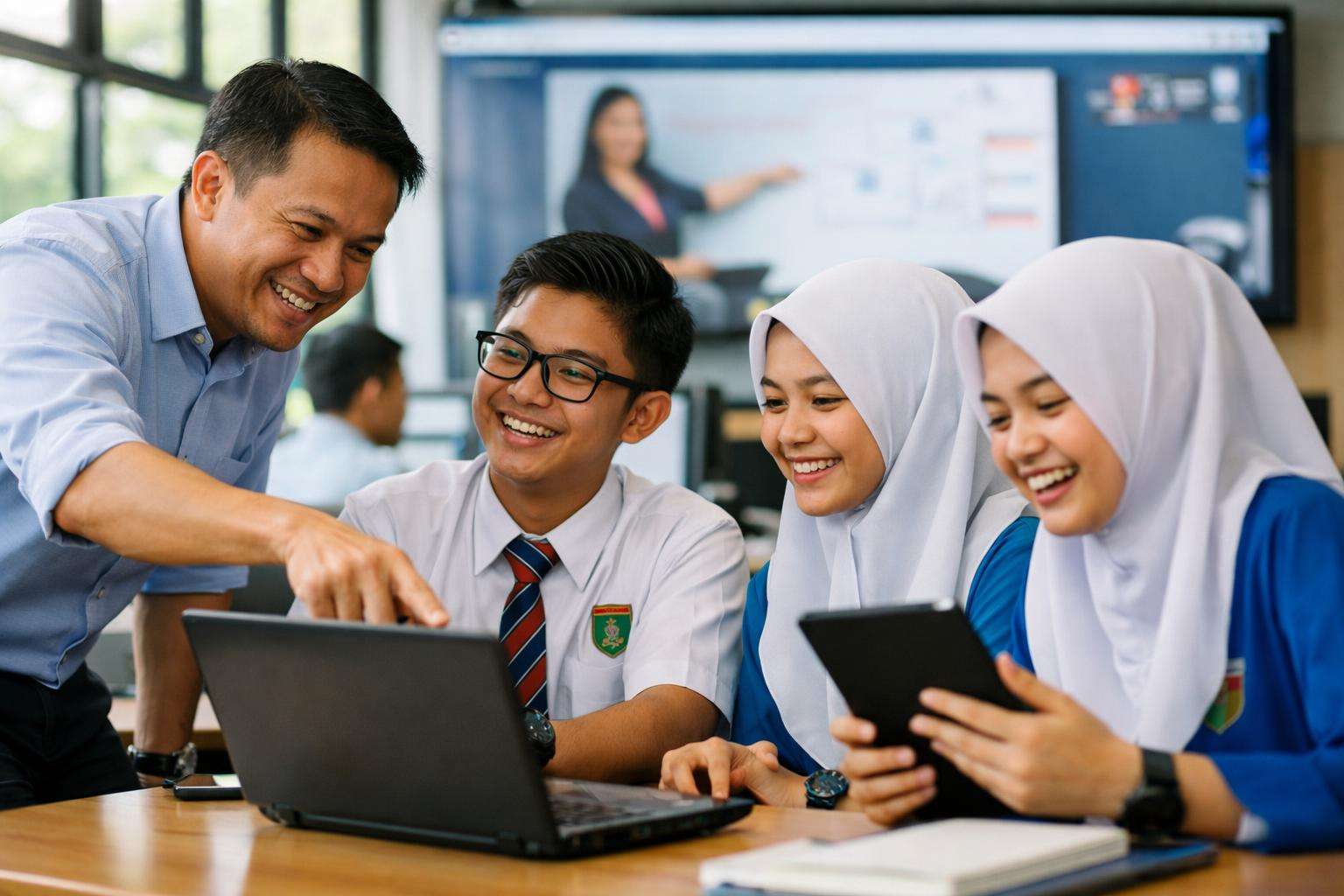 A group of students engaging in digital learning with a teacher, showcasing interactive education