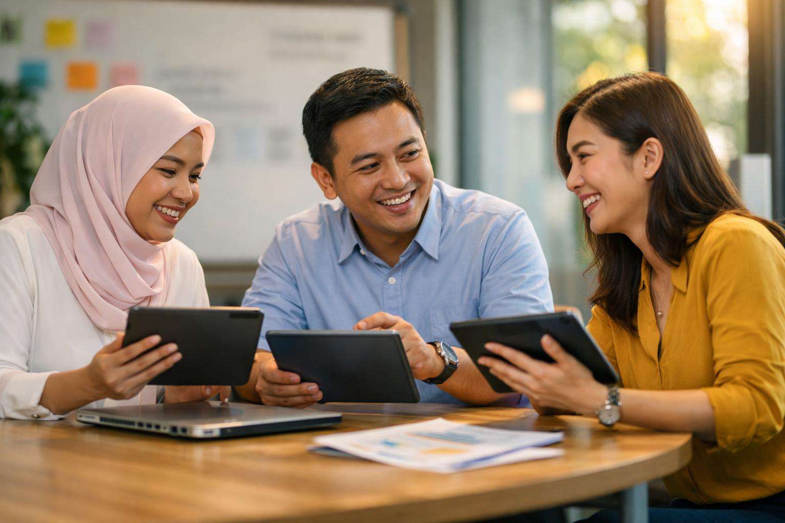 A group of three individuals engaging in a collaborative learning session with tablets.
