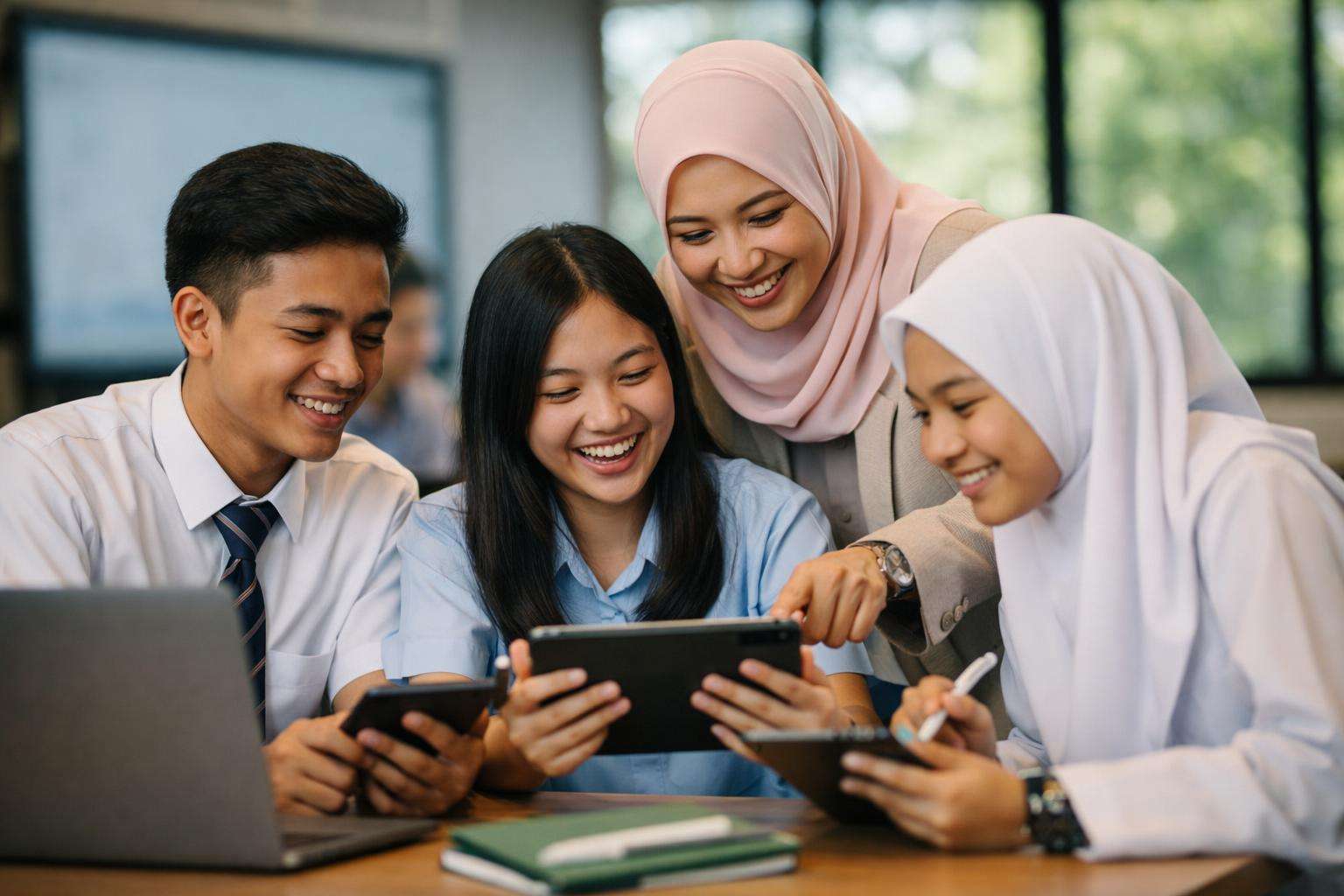 A group of students and a teacher engaging in a collaborative learning session using digital devices.